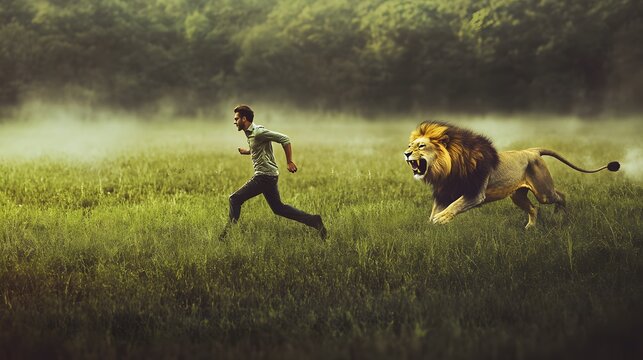 A man runs away from a charging lion in a grassy field.