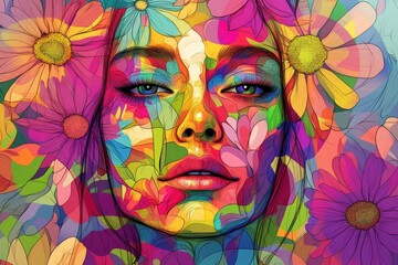 Woman face with flowers. Colorful background. Psychedelic digital art. Multicolored illustration of a woman face with generative ai