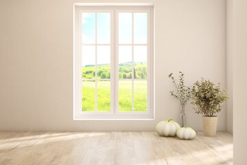 White empty room with summer landscape in window. Scandinavian interior design. 3D illustration