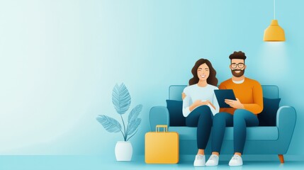 A couple sits on a couch with a travel brochure and a tablet, setting vacation goals for their upcoming holiday., flat design illustration