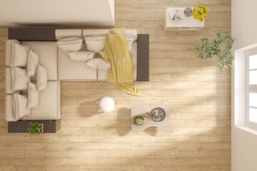 Top view of white living room with sofa. Scandinavian interior design. 3D illustration