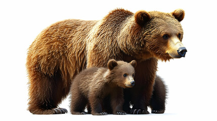 Obraz premium A mother bear stands protectively over her two cubs in a natural setting.