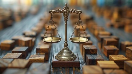 Justice scales and blocks, hand arranging, focus on balance, professional setting