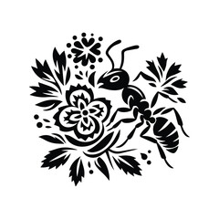 ant in folk art black and white silhouette illustration