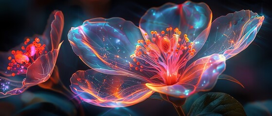 Obraz premium Neon flowers, glowing colors, dark background, vibrant and surreal