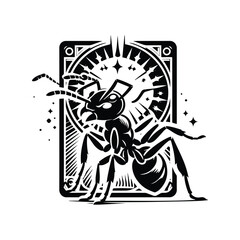 ant in Tarot card black and white silhouette illustration