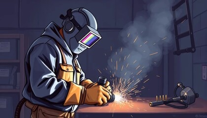Industrial Worker Welding Metal in Workshop