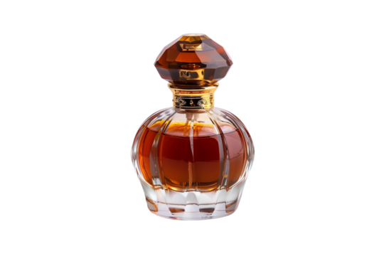 Elegant oud perfume bottle featuring a classic shape and intricate detailing isolated on transparent background