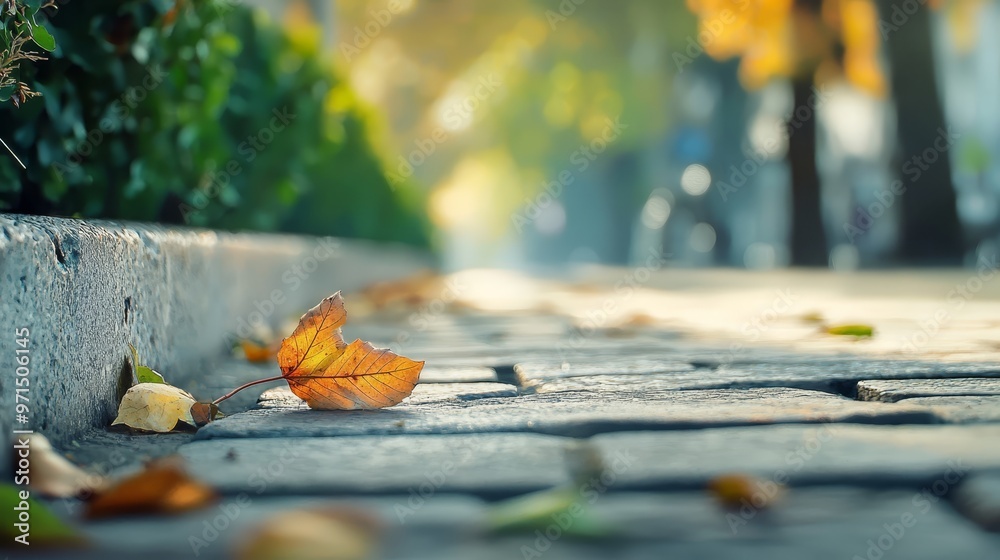 Wall mural a solitary orange leaf lies on the ground beside a cement wall, joined by other fallen leaves nearby