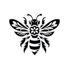 Fototapeta premium Bee in folk art black and white silhouette illustration