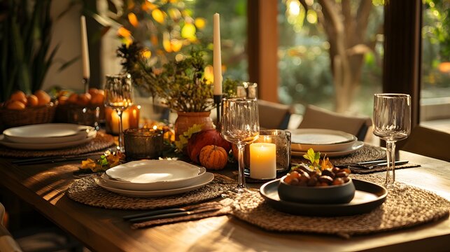 A stylishly set dining table with autumn themed dishes