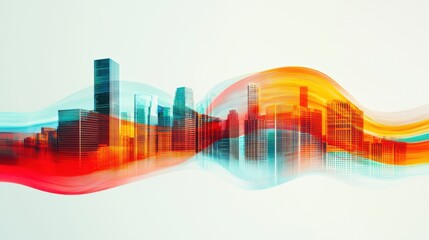 A digital wave of colorful lines flowing through abstract skyscrapers, with each building displaying unique corporate logos, innovation, brand differentiation, and corporate identity
