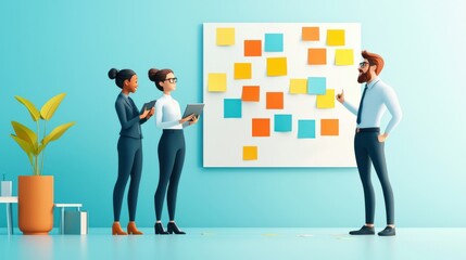 Fototapeta premium A diverse sales team around a whiteboard, passionately brainstorming new strategies to meet their sales goals, with lots of post-it notes., design illustration