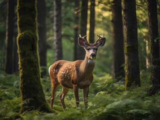 Young Deer in Lush Green Forest with Sunlight