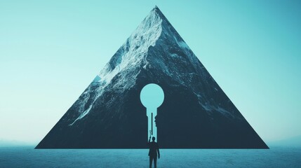 A figure holding a key, standing before a giant lock in the shape of a mountain, representing unlocking leadership potential and reaching new heights
