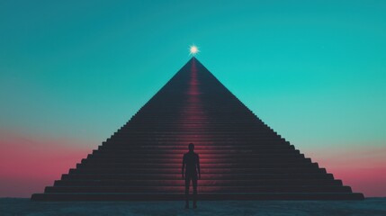 A figure standing at the base of a towering staircase, each step glowing and representing milestones, with a shining star at the top as the ultimate goal