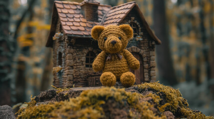 Crocheted teddy bear stands in front of a tiny, rustic stone house in a mossy forest, creating a magical and nostalgic scene.