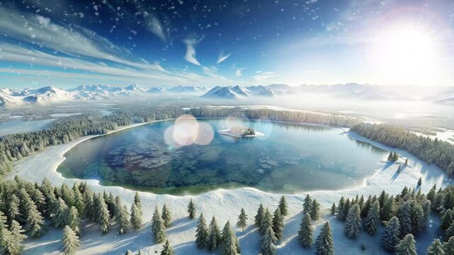 lake in the middle of a snowy desert with lots of trees around the lake