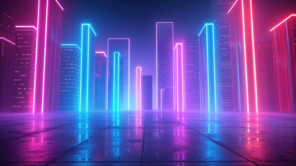 Fototapeta premium Futuristic neon cityscape with tall glowing buildings in pink and blue hues, reflected on a shiny surface, evoking a cyberpunk atmosphere.