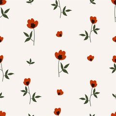 Seamless pattern with flowers. Beautiful red poppy flower. Wildflowers. Collage contemporary print. Hand drawn minimal vector illustration