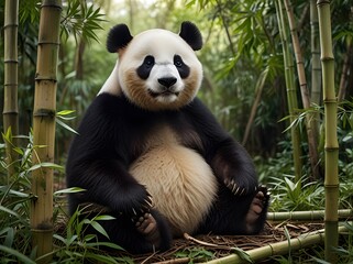 Obraz premium Cute Panda Bear Sitting in Bamboo Forest