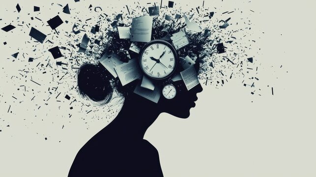 A fragmented silhouette of a person, with their head exploding into shards of papers, emails, and clock faces, representing stress and fragmentation from handling too much work