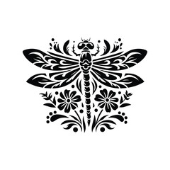 Dragonfly in folk art black and white silhouette illustration