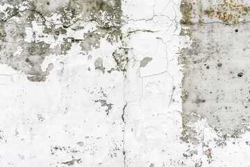 A textured concrete wall with peeling white paint and exposed concrete. The surface shows signs of wear, with cracks and patches of discoloration, creating an aged and weathered appearance.