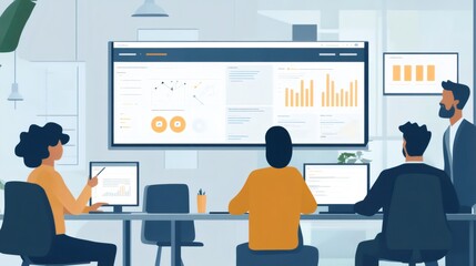 A group of people working at a desk with charts and graphs on computer screens.