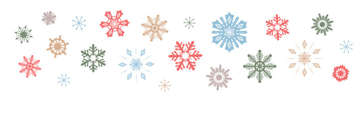 Cute colorful snowflakes Christmas vector icons on white background. Winter holiday design with nordic snowflake crystals hand drawn. Good for card, banner, any festive print. Bright Xmas background.