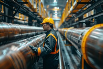 Engineer in industrial factory Inspecting machinery