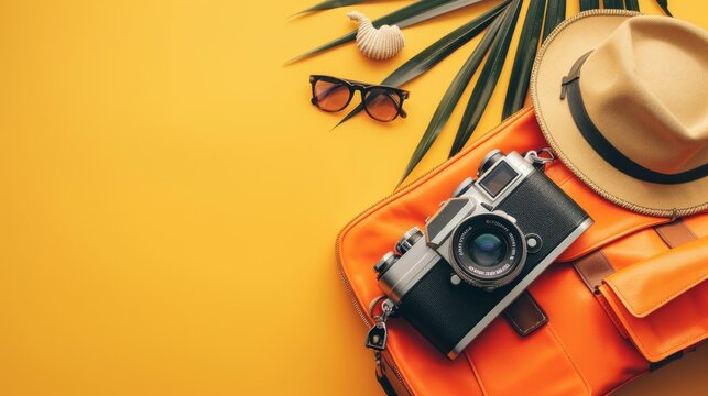 Orange Getaway: A vibrant orange travel bag spills open, revealing vacation essentials - sunglasses, a straw hat, vintage cameras - against a sunny backdrop. Adventure awaits