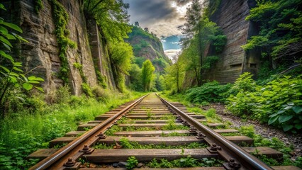 Obraz premium Crusty devils sit atop decaying rails, where withered vegetation clings to crumbling tracks, a haunting testament to time and neglect on a deserted landscape.