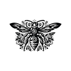 Obraz premium hornet in folk art black and white silhouette illustration