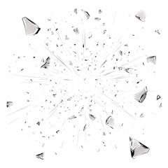 Broken Glass Shards Explosion Effect, High Resolution Fragmented Glass Burst, Abstract Shattered Pieces, Clear Glass Fragments