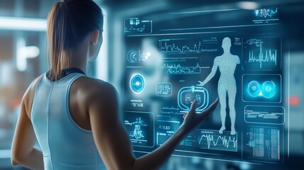 Biohacking the Future of Fitness: A sporty woman interacts with a futuristic transparent display, analyzing her biometrics and performance data in a cutting-edge gym. 