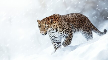 Obraz premium A Leopard Walking Through Snow With Blurry Background