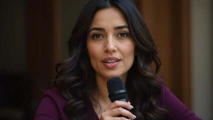 Portrait of a thoughtful MiddleEastern woman speaking into a microphone in rich purple attire