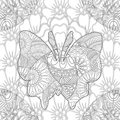 Fototapeta premium Butterflies and flowers in black and white for coloring pages for children and adults.anti stress hand drawing , jundgle coloring pages,coloring book.
