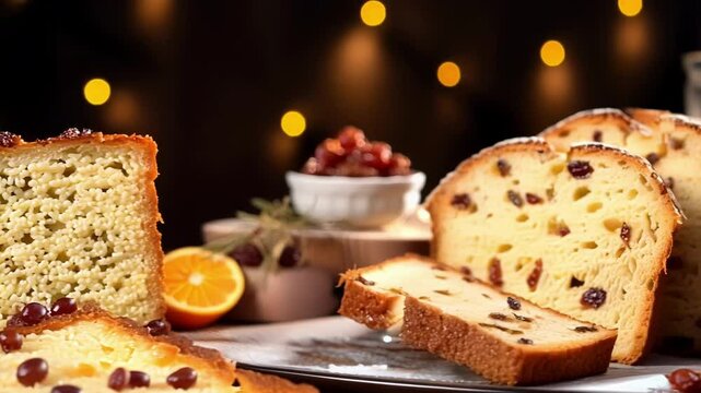 Slices of christmas fruitcake loaf on a table with festive lights in the background and oranges and a glass of orange juice
