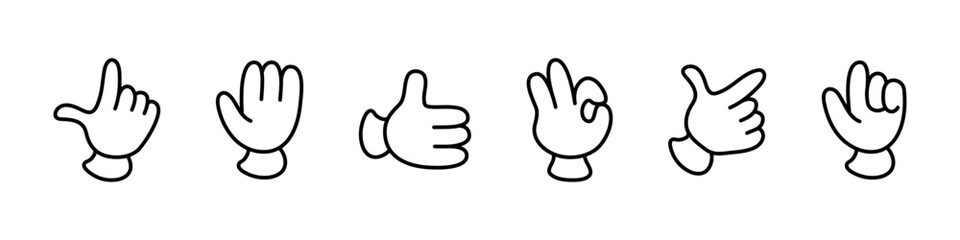 Comic groovy hands icons set. Retro hands icon in different poses. Vector illustration