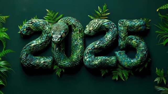 Festive new year 2025 snake design with nature elements and sparkling lights. 4k video footage