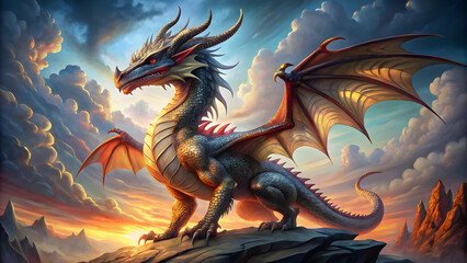 Powerful dragon with fiery eyes, perched atop a mountain