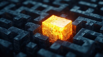 A glowing treasure chest hovering in the center of a complex maze, the value proposition as the ultimate reward for navigating challenges in business or life