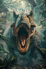 Fototapeta premium Roaring dinosaur in lush prehistoric jungle, vibrant scene