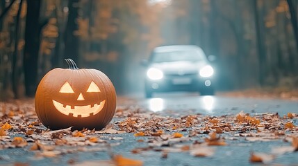 A carved jack-o'-lantern sits beside a deserted road in a foggy forest. The ground is wet with fallen leaves, and a car's headlights pierce the Halloween night