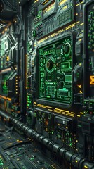 Scifi control center with glowing green and gold circuitry, detailed and hightech