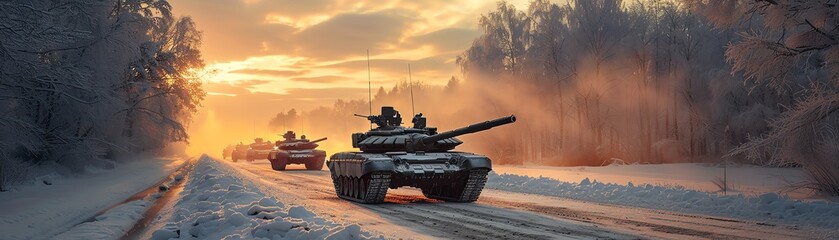 Tanks on a snowy road, early morning light