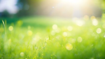 Green grass foreground with a warm summer sun and bokeh effect in the background.