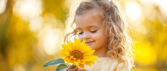 Fototapeta premium A little girl, smiling at the camera, holds a sunflower in a sunflowers field